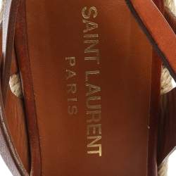 Pre Owned Saint Laurent Paris Brown Leather Tribute Espadrille Platform Wedge Sandals Size 35
