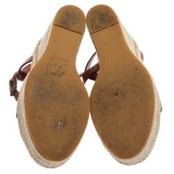 Pre Owned Saint Laurent Paris Brown Leather Tribute Espadrille Platform Wedge Sandals Size 35
