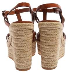 Pre Owned Saint Laurent Paris Brown Leather Tribute Espadrille Platform Wedge Sandals Size 35