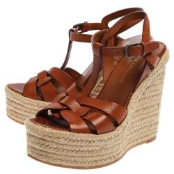 Pre Owned Saint Laurent Paris Brown Leather Tribute Espadrille Platform Wedge Sandals Size 35