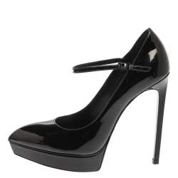 مملوكة مسبقًا Saint Laurent Paris Black Patent Leather Pointed Toe Ankle Strap Platform Pumps Size 38.5