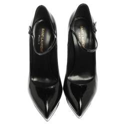 مملوكة مسبقًا Saint Laurent Paris Black Patent Leather Pointed Toe Ankle Strap Platform Pumps Size 38.5
