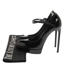 مملوكة مسبقًا Saint Laurent Paris Black Patent Leather Pointed Toe Ankle Strap Platform Pumps Size 38.5