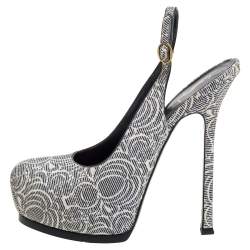 Saint Laurent Paris Cream/Black Printed Python Embossed Leather Tribtoo Slingback Platform Sandals Size 38.5