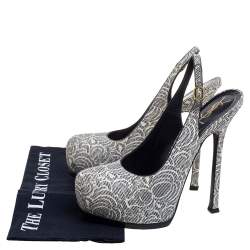 Saint Laurent Paris Cream/Black Printed Python Embossed Leather Tribtoo Slingback Platform Sandals Size 38.5