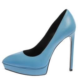 مملوكة مسبقًا Saint Laurent Paris Blue Leather Pointed Toe Platform Pumps Size 38.5