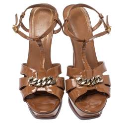  Saint Laurent Paris Brown Patent Leather Tribute Chain Detail Platform Sandals Size 39