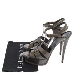 Pre Owned صندل سان لوران باريس "تريبوت" سير كاحل جلد لامع أخضر زيتوني مقاس 39