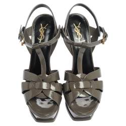 Pre Owned صندل سان لوران باريس "تريبوت" سير كاحل جلد لامع أخضر زيتوني مقاس 39
