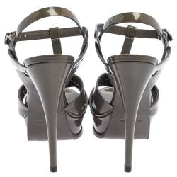 Pre Owned صندل سان لوران باريس "تريبوت" سير كاحل جلد لامع أخضر زيتوني مقاس 39