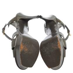 Pre Owned صندل سان لوران باريس "تريبوت" سير كاحل جلد لامع أخضر زيتوني مقاس 39