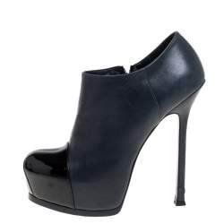 Pre Owned Saint Laurent Paris Blue/Black Leather Tribtoo Cap Toe Platform Ankle Booties Size 39
