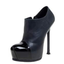 Pre Owned Saint Laurent Paris Blue/Black Leather Tribtoo Cap Toe Platform Ankle Booties Size 39
