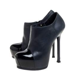 Pre Owned Saint Laurent Paris Blue/Black Leather Tribtoo Cap Toe Platform Ankle Booties Size 39