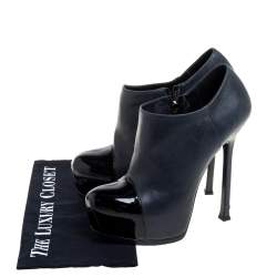 Pre Owned Saint Laurent Paris Blue/Black Leather Tribtoo Cap Toe Platform Ankle Booties Size 39