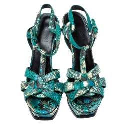 Pre Owned Saint Laurent Paris Green Snakeskin Tribute Platform Sandals Size 38