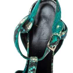 Pre Owned Saint Laurent Paris Green Snakeskin Tribute Platform Sandals Size 38