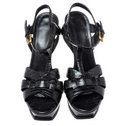 Pre Owned صندل سان لوران باريس "تريبوت" نعل سميك جلد نقشة السحلية أسود مقاس 39