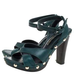Pre Owned Saint Laurent Paris Green Leather Ankle Wrap Platform Sandals Size 35