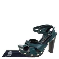 Pre Owned Saint Laurent Paris Green Leather Ankle Wrap Platform Sandals Size 35