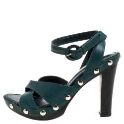 Pre Owned Saint Laurent Paris Green Leather Ankle Wrap Platform Sandals Size 35