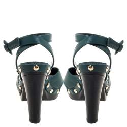 Pre Owned Saint Laurent Paris Green Leather Ankle Wrap Platform Sandals Size 35