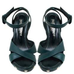 Pre Owned Saint Laurent Paris Green Leather Ankle Wrap Platform Sandals Size 35