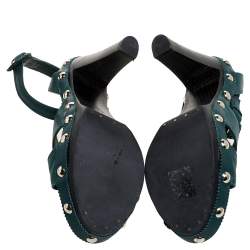 Pre Owned Saint Laurent Paris Green Leather Ankle Wrap Platform Sandals Size 35