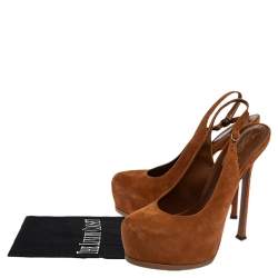 Pre Owned صندل سان لوران باريس سويدي بني تريبيتو حزام للكاحل مقاس 37.5