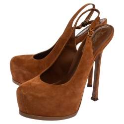 Pre Owned صندل سان لوران باريس سويدي بني تريبيتو حزام للكاحل مقاس 37.5