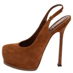 Pre Owned صندل سان لوران باريس سويدي بني تريبيتو حزام للكاحل مقاس 37.5