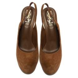 Pre Owned صندل سان لوران باريس سويدي بني تريبيتو حزام للكاحل مقاس 37.5