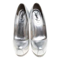 Saint Laurent Silver Leather Tribtoo Platform Pumps Size 35.5