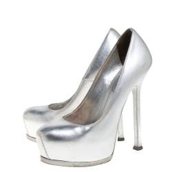 Saint Laurent Silver Leather Tribtoo Platform Pumps Size 35.5