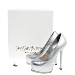 Saint Laurent Silver Leather Tribtoo Platform Pumps Size 35.5