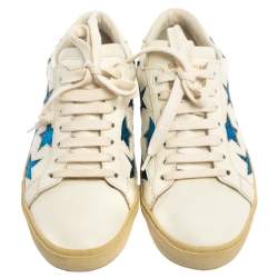 Pre Owned Saint Laurent White/Blue Leather And Glitter Court Classic California Sneakers Size 36