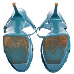 Saint Laurent Blue Patent Leather Tribute Ankle Strap Platform Sandals Size 39.5