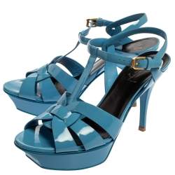 Saint Laurent Blue Patent Leather Tribute Ankle Strap Platform Sandals Size 39.5