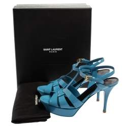 Saint Laurent Blue Patent Leather Tribute Ankle Strap Platform Sandals Size 39.5