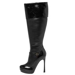 مملوكة مسبقًا حذاء بوت للركبه سان لوران جلد و جلد لامع و جلد ثعبان أسود مقاس 37