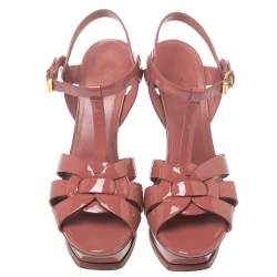 Pre Owned صندل سان لوران نعل سميك تربيوت جلد لامع وردى أنتيك مقاس 38.5