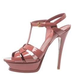 Pre Owned صندل سان لوران نعل سميك تربيوت جلد لامع وردى أنتيك مقاس 38.5