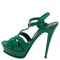 مملوكة مسبقًا Saint Laurent Green Leather Tribute Platform Sandals Size 39.5