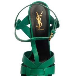 مملوكة مسبقًا Saint Laurent Green Leather Tribute Platform Sandals Size 39.5