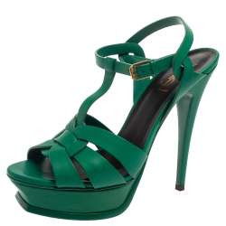 مملوكة مسبقًا Saint Laurent Green Leather Tribute Platform Sandals Size 39.5