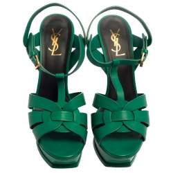 مملوكة مسبقًا Saint Laurent Green Leather Tribute Platform Sandals Size 39.5