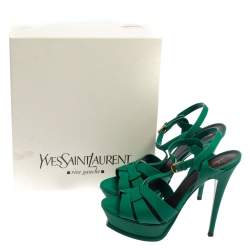 مملوكة مسبقًا Saint Laurent Green Leather Tribute Platform Sandals Size 39.5