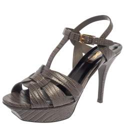 مملوكة مسبقًا صندل سان لوران تريبوت جلد نقش سحلية رمادى مقاس 37