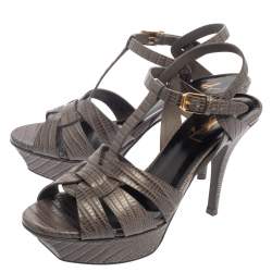 مملوكة مسبقًا صندل سان لوران تريبوت جلد نقش سحلية رمادى مقاس 37