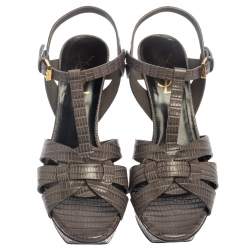 مملوكة مسبقًا صندل سان لوران تريبوت جلد نقش سحلية رمادى مقاس 37